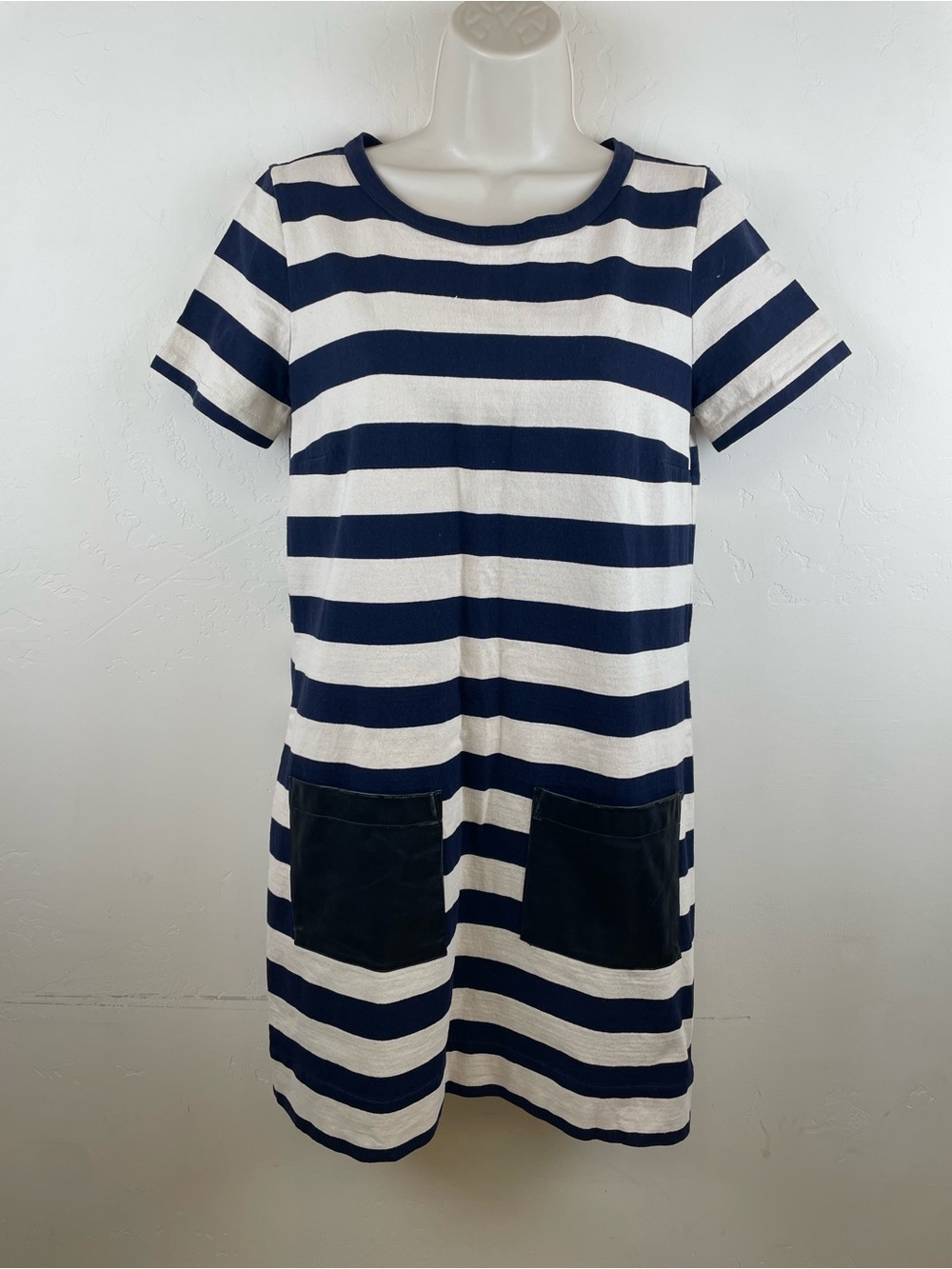 J. Crew Navy and White Striped  Tee Shirt Dress with faux Leather Pockets